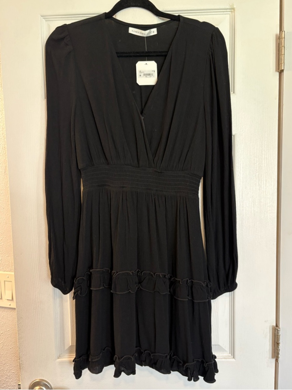 Altar'd State Black Long-Sleeve V-Neck Ruffle Dress. BRAND NEW, NEVER WORN!